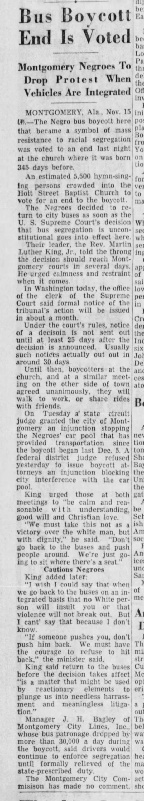 Montgomery Bus Boycott comes to an end, 1956 - 
