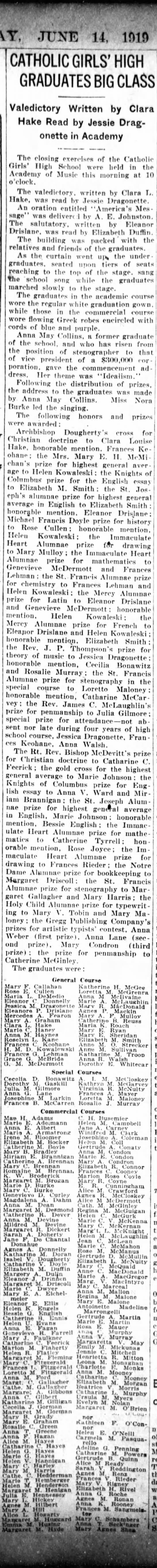 Agnes R McCloskey High School graduation notice.  June 1919 - 