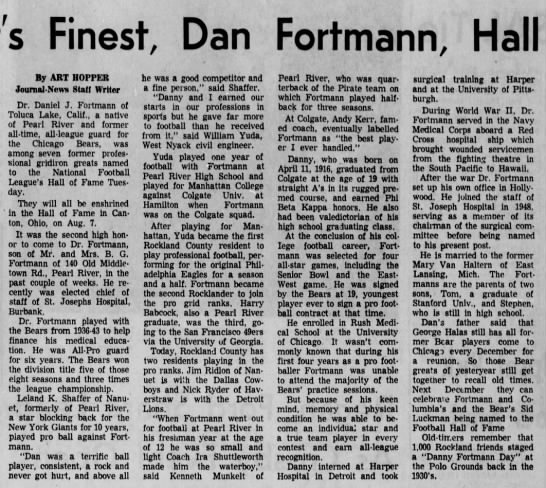 Pearl River's Finest, Dan Fortmann, Hall Of Famer - 
