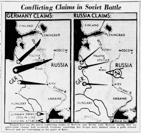 Maps showing conflicting claims of Soviets and Nazis during Operation Barbarossa - 