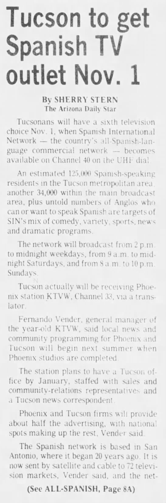 Tucson to get Spanish TV outlet Nov. 1 - 