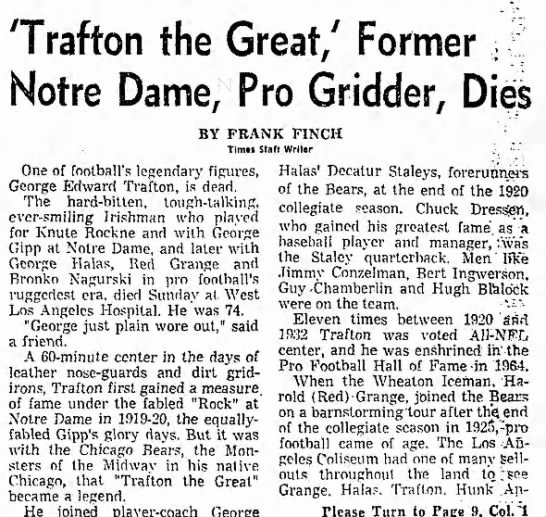 'Trafton the Great,' Former Notre Dame, Pro Gridder, Dies - 