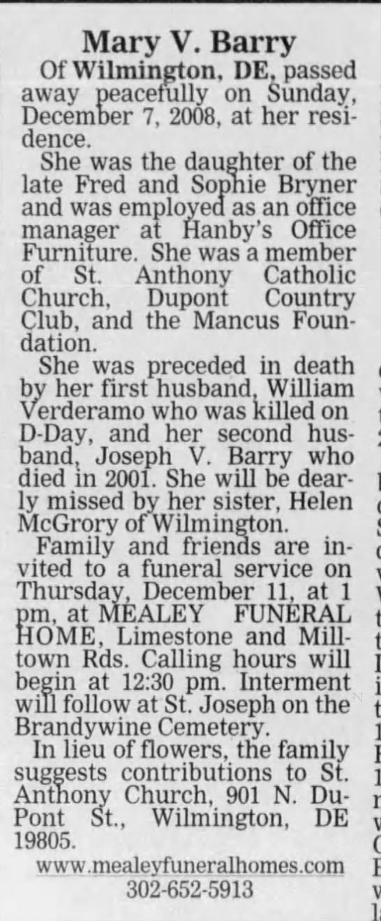 William Verderamo widow obituary - 