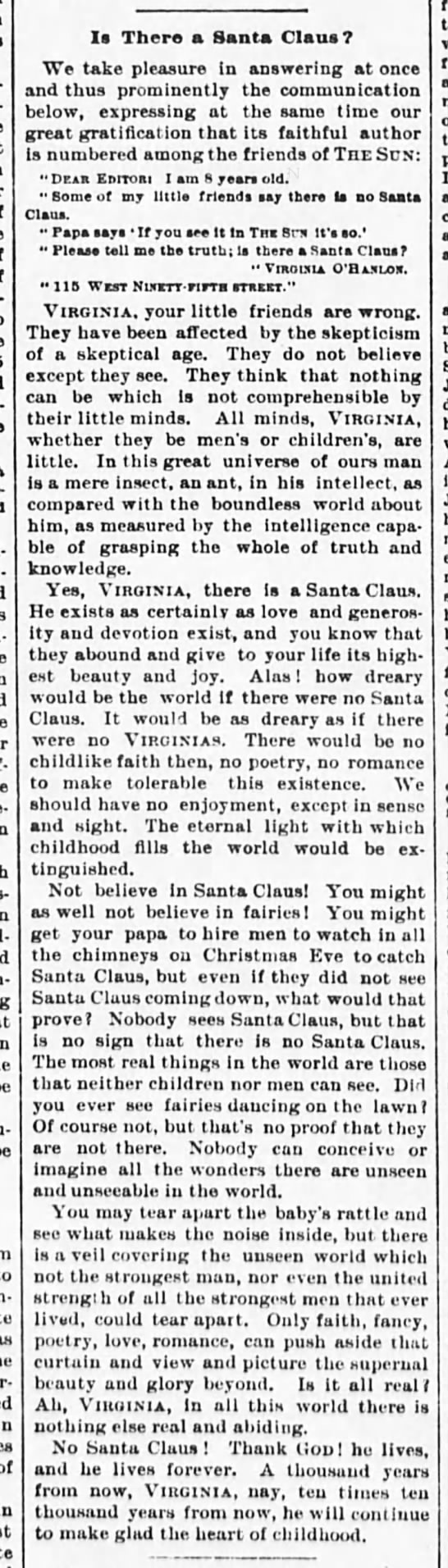 Original "Yes, Virginia, the is a Santa Claus" column - 