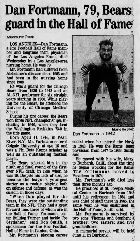 Dan Fortmann, 79, Bears guard in the Hall of Fame - 