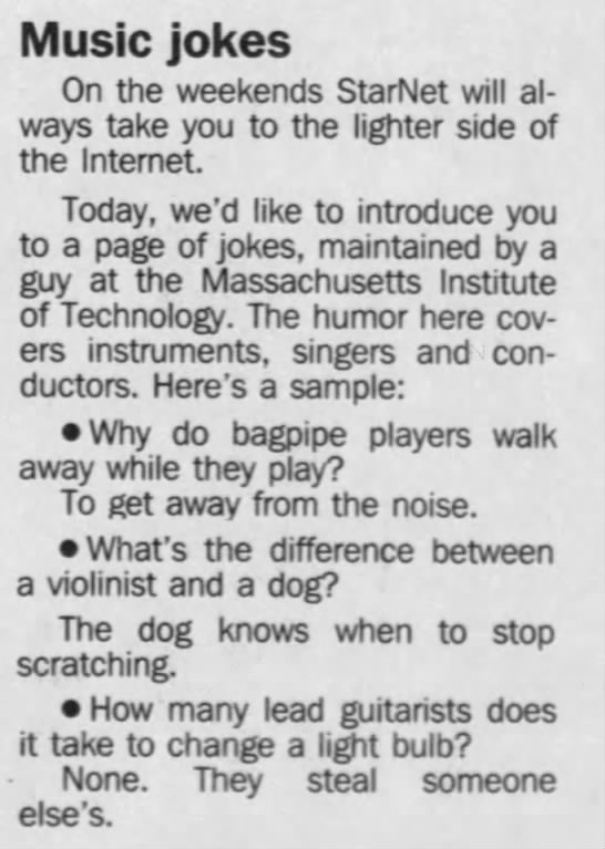 "What's the difference between a violinist and a dog?" (1995). - 