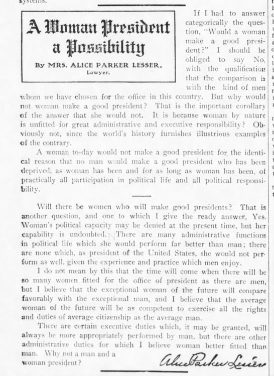Alice Parker Lesser on "A Woman President a Possibility" (1905). - 