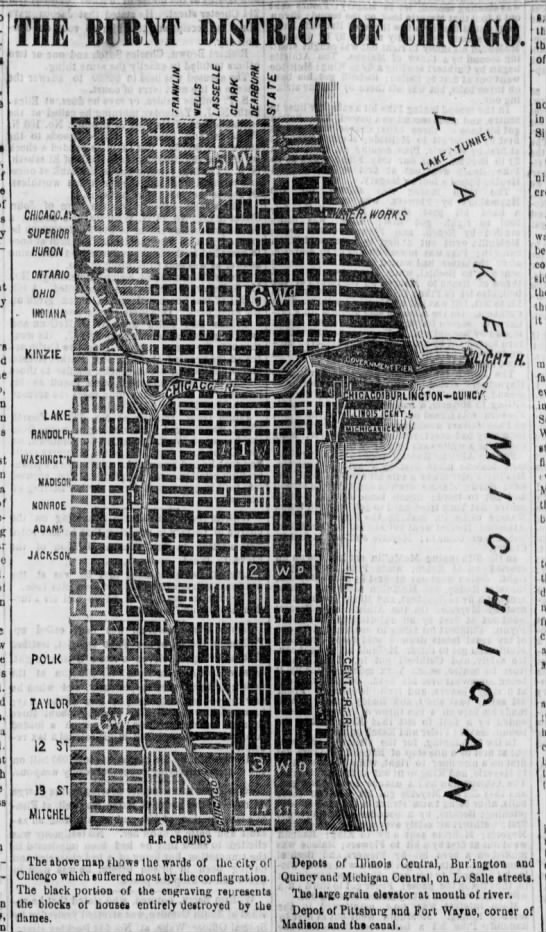 Map of the "burnt district" of Chicago following the 1871 Great Chicago Fire - 