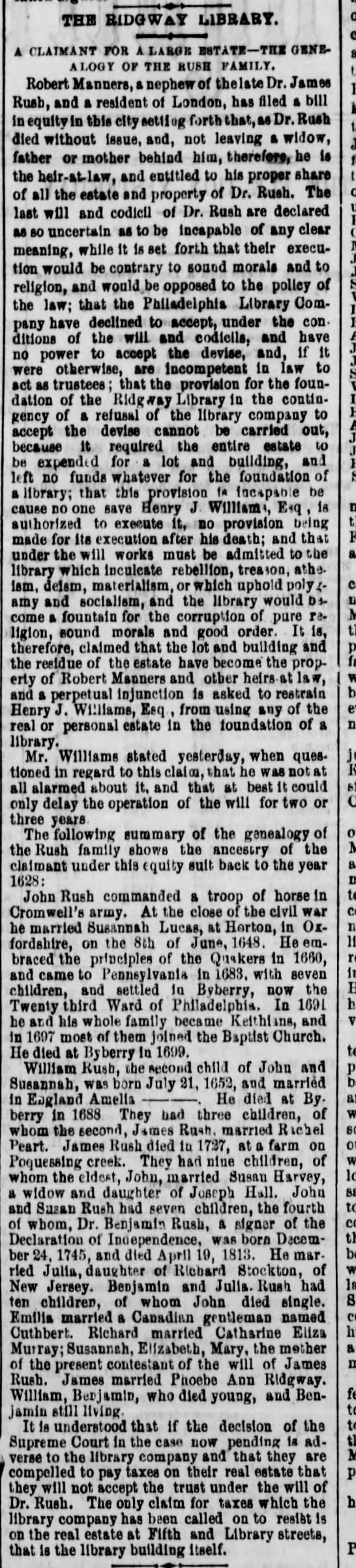Benjamin Rush family & genealogy, 1878 - 