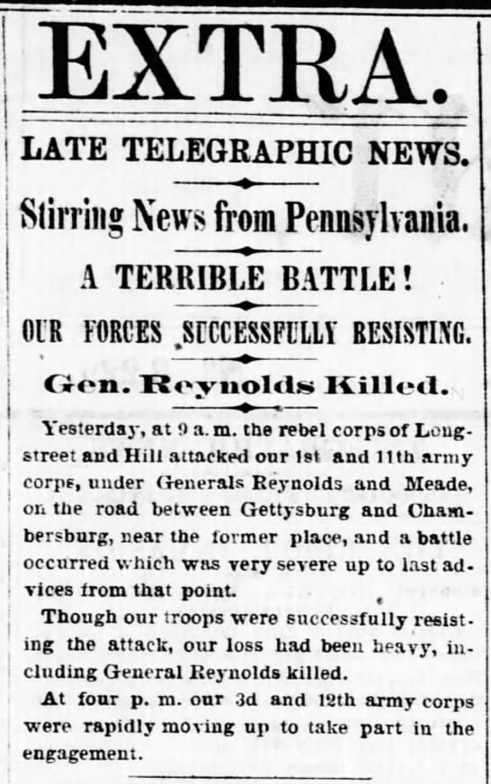 Washington DC newspaper breaks news of the start of the Battle of Gettysburg - 