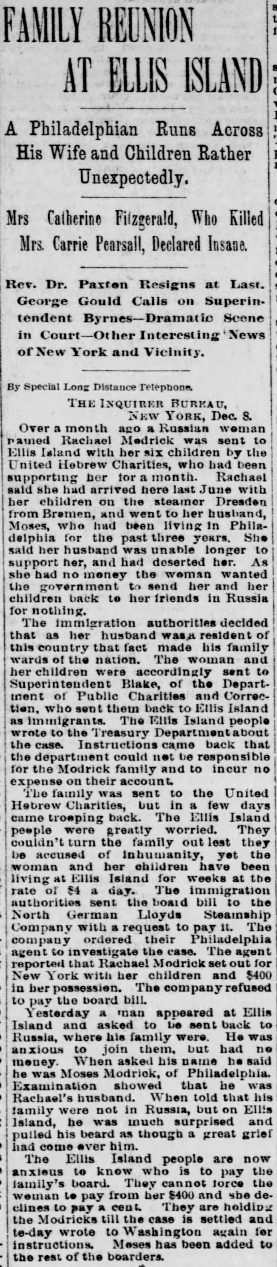 Newspaper article describing an unexpected family reunion at Ellis Island - 