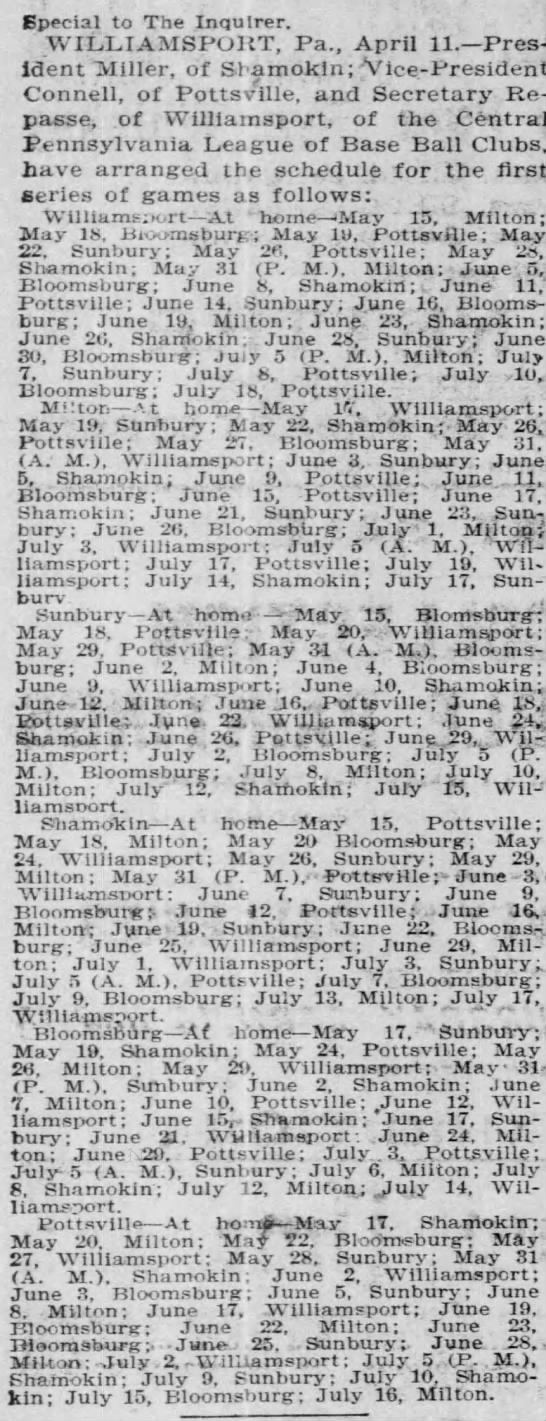 1897 Central Pennsylvania League schedule - 