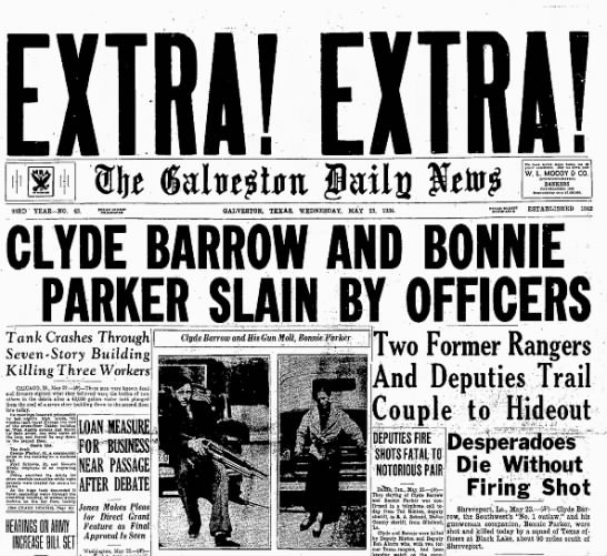 Headlines about the deaths of Bonnie and Clyde in May 1934 - 