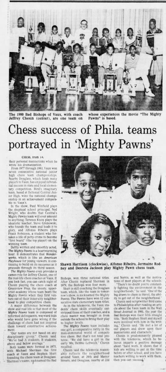 Chess success of Phila. teams portrayed in 'Mighty Pawns' (cont'd.), 2/14/87 Inquirer - 