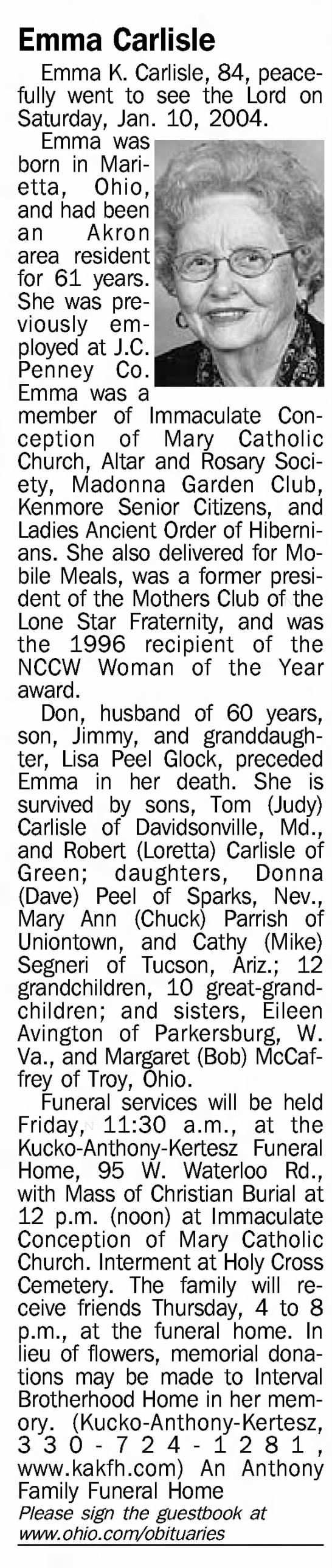 Obituary for Emma K. Carlisle (Aged 84)