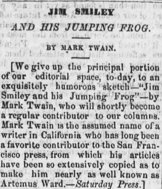 Mark Twain's "Jim Smiley and His Jumping Frog" called "exquisitely humorous" - 