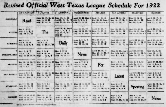 1922 West Texas League schedule - 