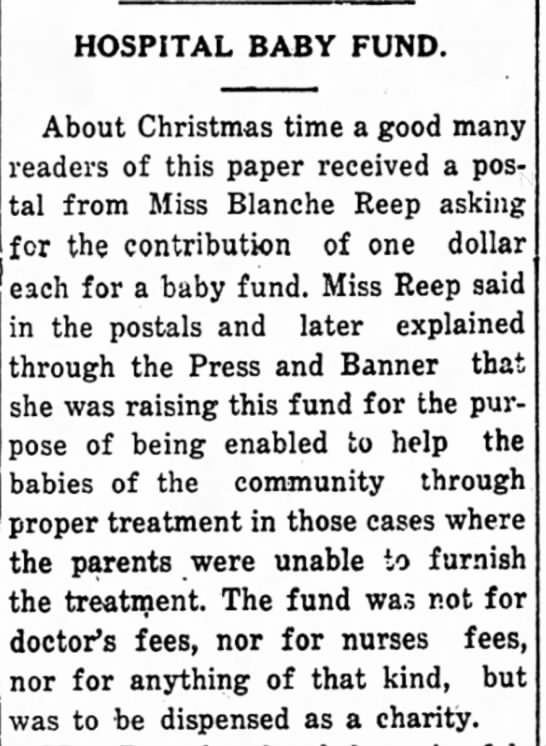 Blanche Reep's Hospital Baby Fund - 