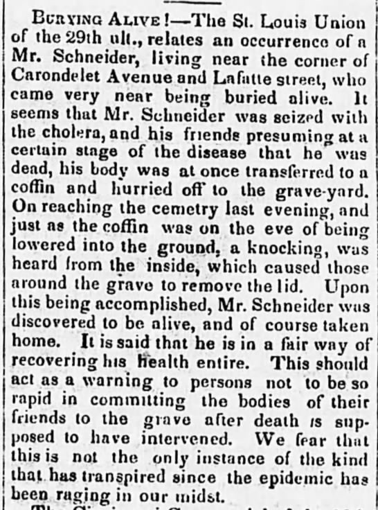 1849: Cholera patient survives "burying alive" - 