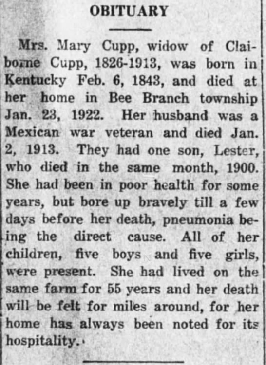 Obituary for Mary Cupp, 1843-1922