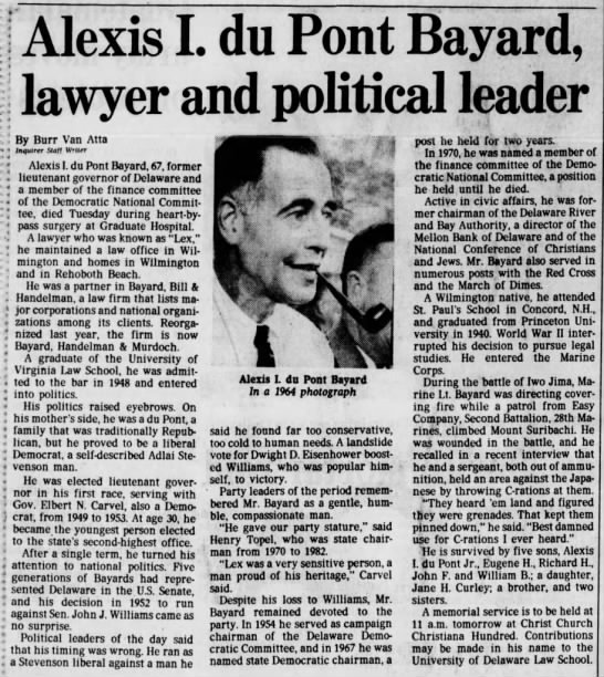 Alexis I. du Pont Bayard, lawyer and political leader; 5 Sep 1985; The Philadelphia Inquirer; 14C - 