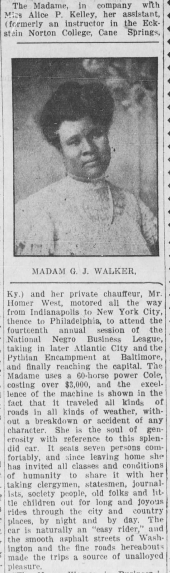Description of Madam C.J. Walker's car and of her generosity, 1913 - 
