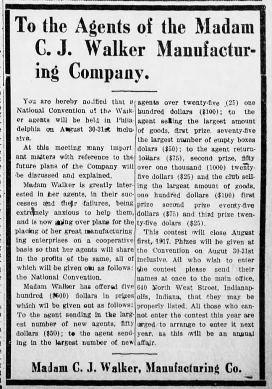 Notice about a national convention for agents of the Madam C.J. Walker Manufacturing Company - 