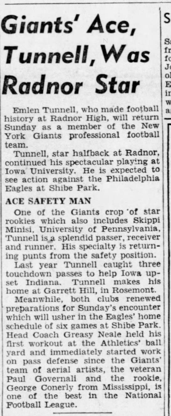 Giants' Ace, Tunnell, Was Radnor Star - 