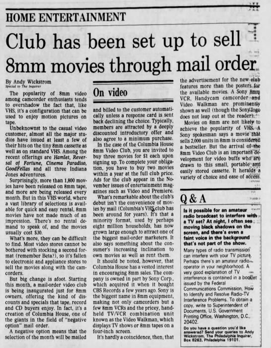 Club has been set up to sell 8mm movies through mail order - Columbia House 8mm video club - 