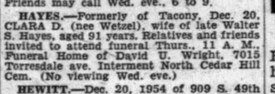 Clara D Wetzel Hayes Funeral announcement - Newspapers.com