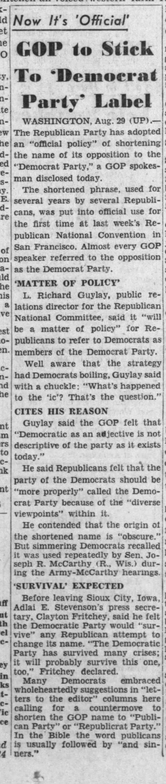 GOP "official policy" of calling it Democrat Party, 1956 - 