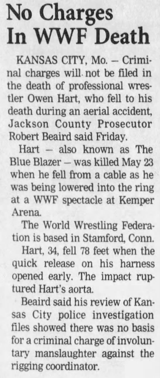 No Charges In WWF Death ("Wire Services" via Hartford Courant 7/31/1999) - 