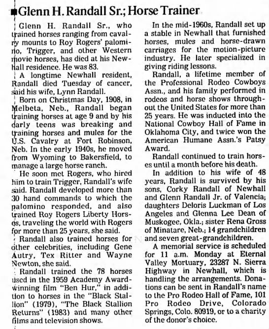 Obituary for horse trainer Glenn H. Randall (Aged 83) - 