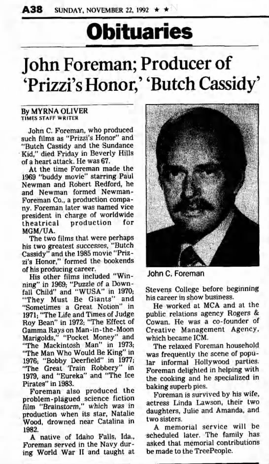 John Foreman Obituary
The Los Angeles Times (LA, CA)
22 Nov 1992  Sun  Pg 874 - 