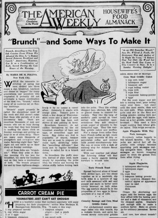 1930s newspaper feature on brunch, with recipes - 