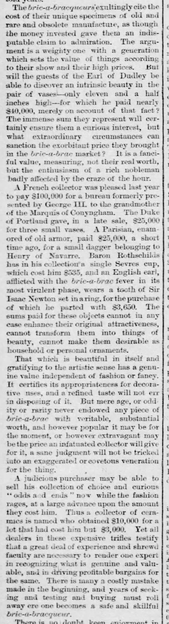 Article excerpt reflecting on the high prices people are willing to pay for bric-a-brac, 1878 - 