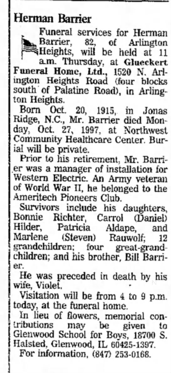 Obituary for Herman Barrier, 1915-1997 - 