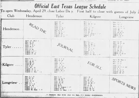 1931 East Texas League schedule - 