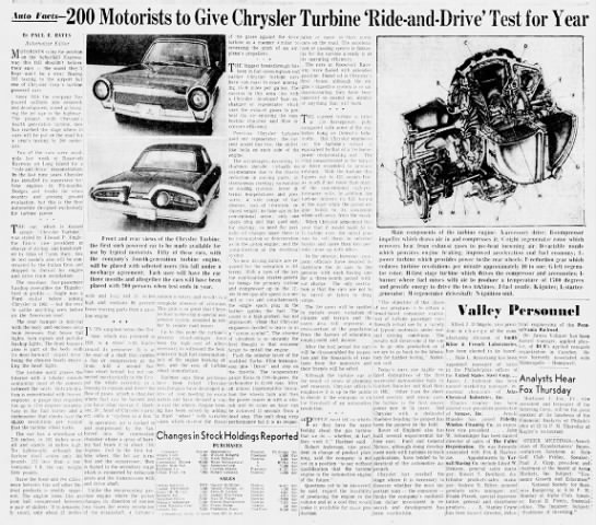Paul R. Hayes: "Auto Facts: 200 Motorists to Give Chrysler Turbine 'Ride-and-Drive' Test for Year" - 