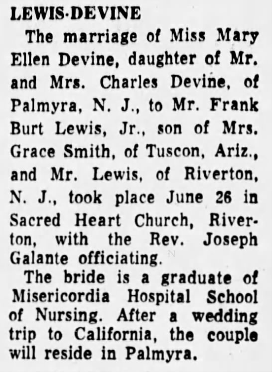 Frank Burt Lewis Jr - Mary Ellen Devine Wedding - Philadelphia Inquirer 04-July-1965 - 