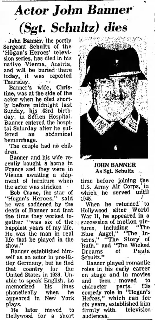 John Banner's obituary - 