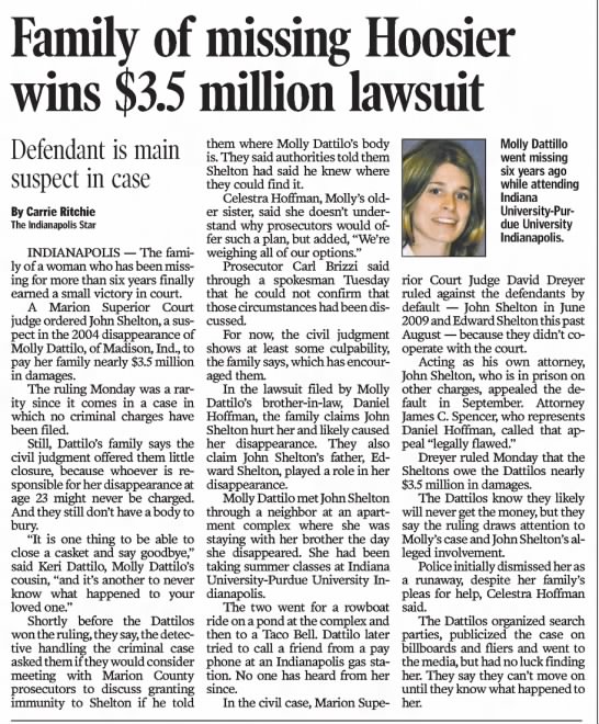Family of missing Hoosier wins $3.5 million lawsuit - Courier Journal, 11/18/2010 - 
