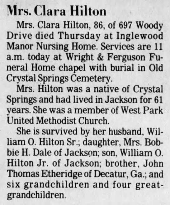 Obituary for Clara Hilton (Aged 86)