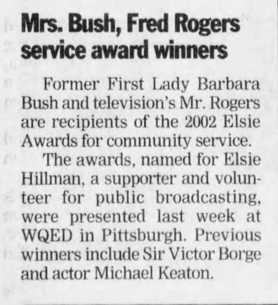 Fred Rogers receives Elsie Award. - 