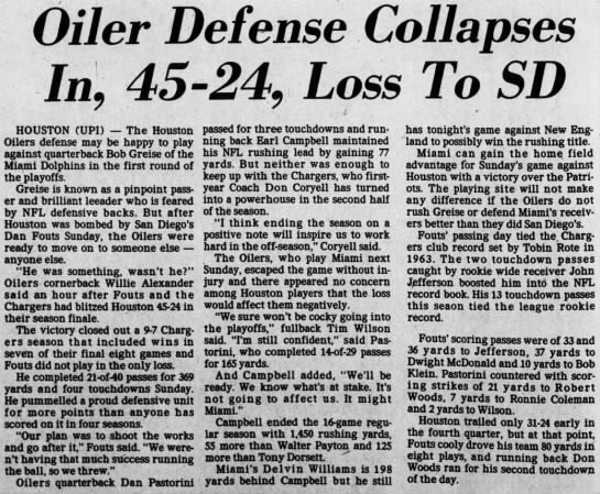 Chargers 45-24 Oilers, 18 Dec 1978 - 