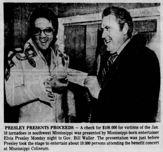Elvis donates money following Mississippi tornadoes, 1975 - 