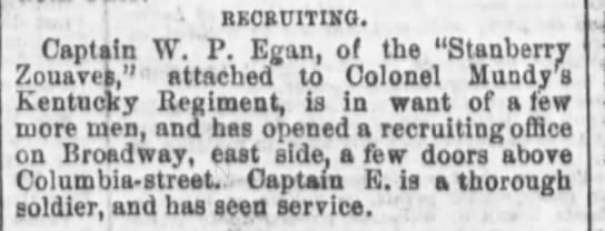 Cincinnati Daily Press (Cincinnati, Ohio) 15 Oct 1861, Tues. page 3 CAPT W. P. Egan - 
