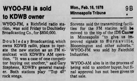 WYOO-FM is sold to KDWB owner - 