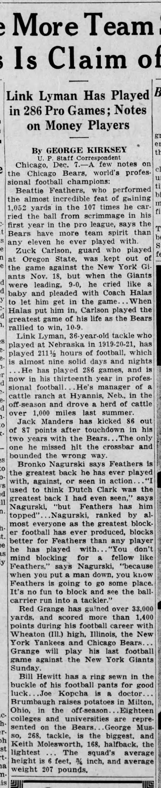 Bears Have More Team Spirit Than Collegians Is Claim of Feathers: Link Lyman Has Played In 286 Pro G - 