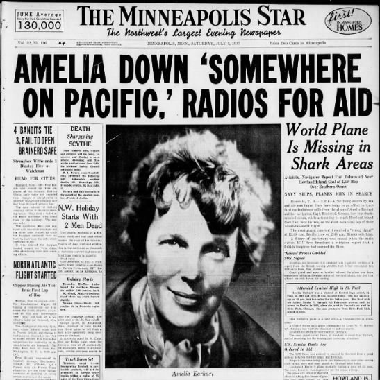 Newspaper front-page headlines report on Amelia Earhart's disappearance in 1937 - 